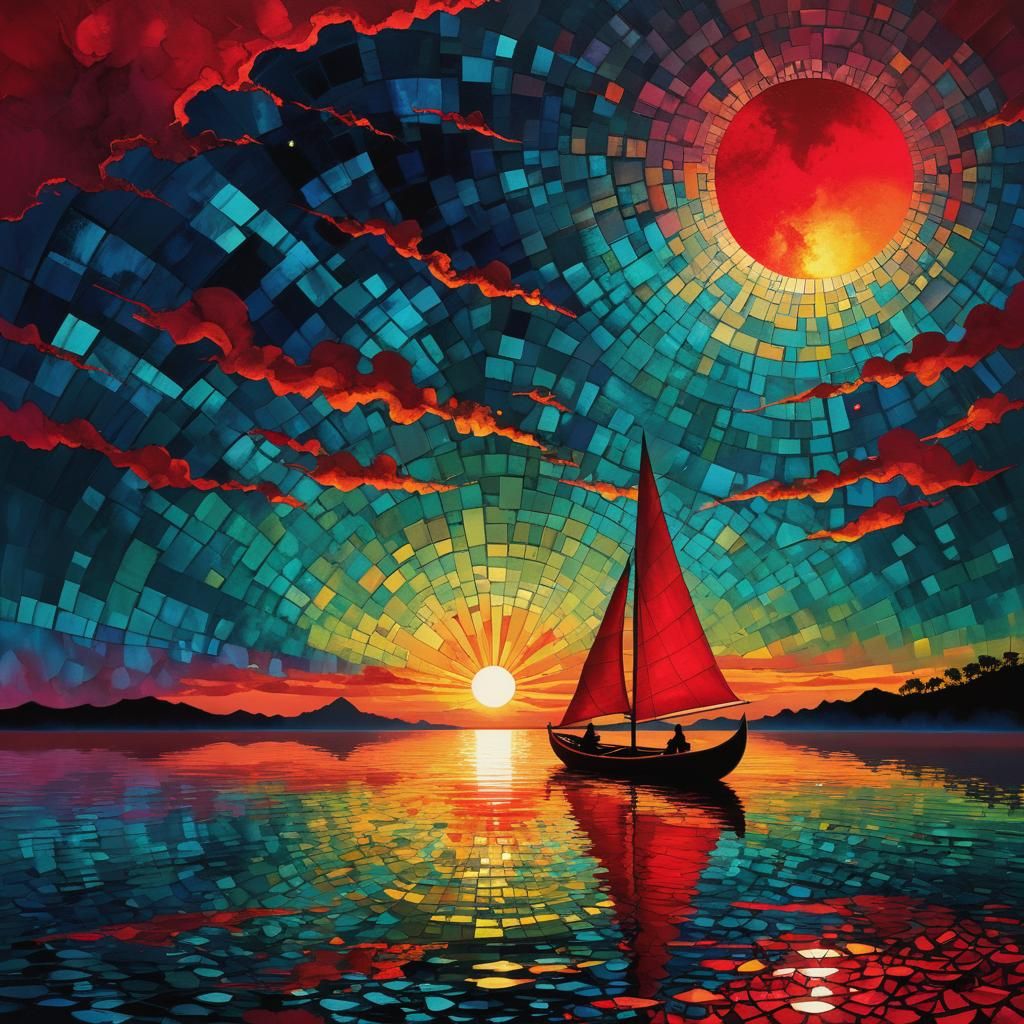Red Sunset Canoe: A Surreal Digital Illustration