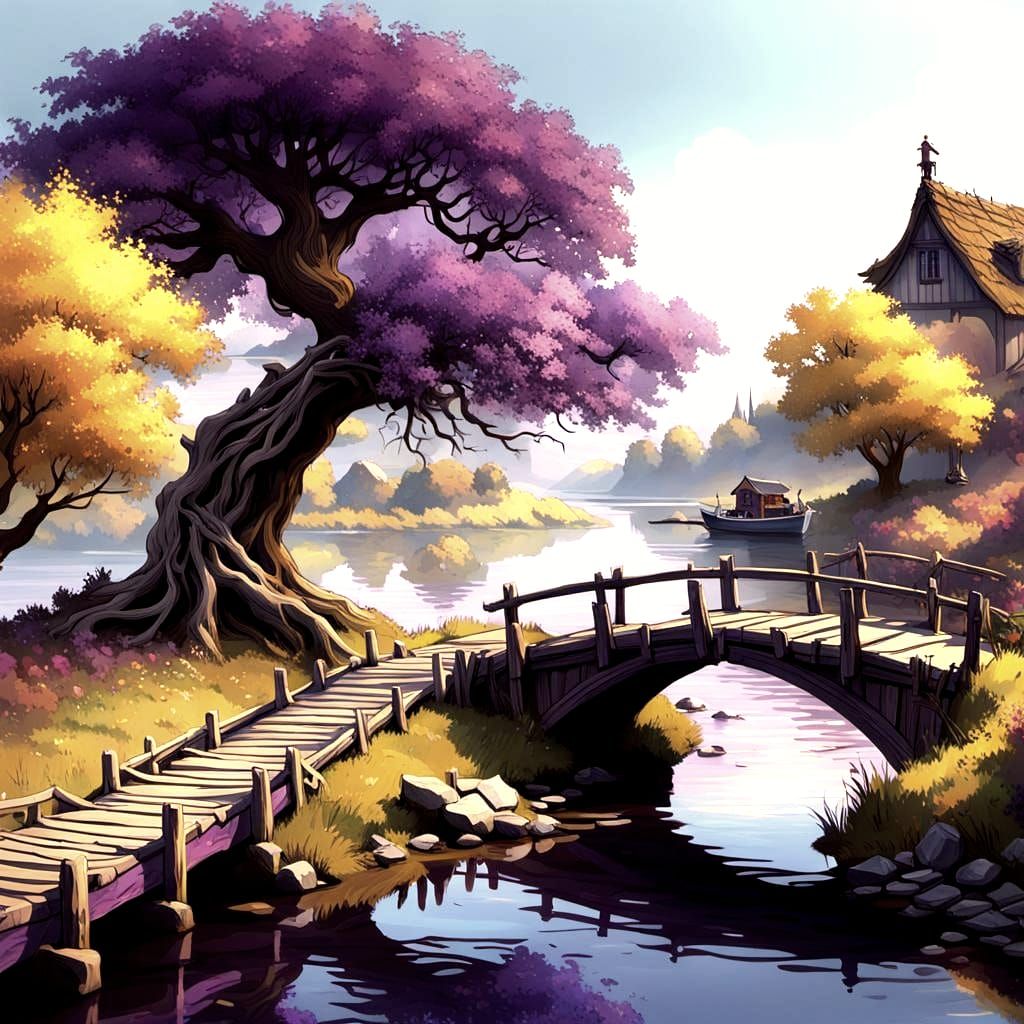 Moonlit Lake Landscape with Hazel Tree: Digital Art