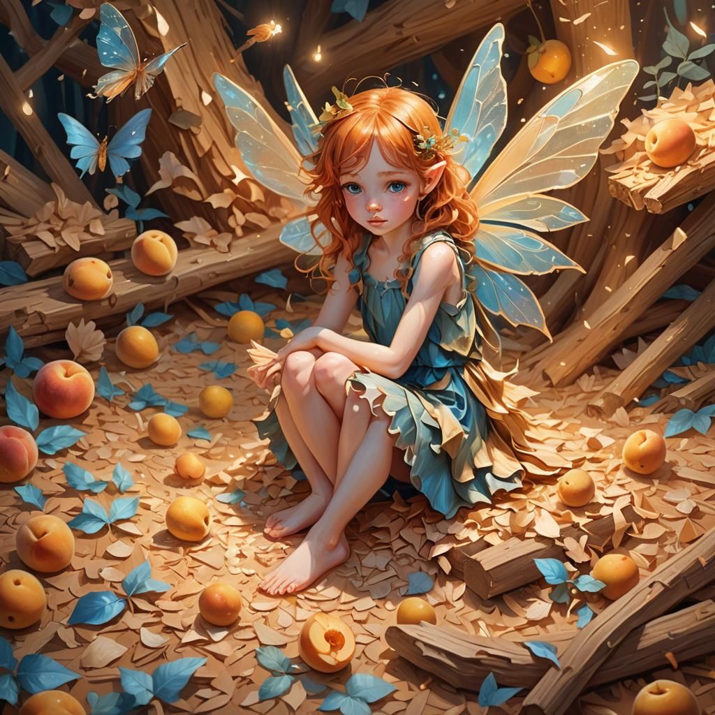 A tiny fairy with ginger hair, perched thoughtfully on a gia...
