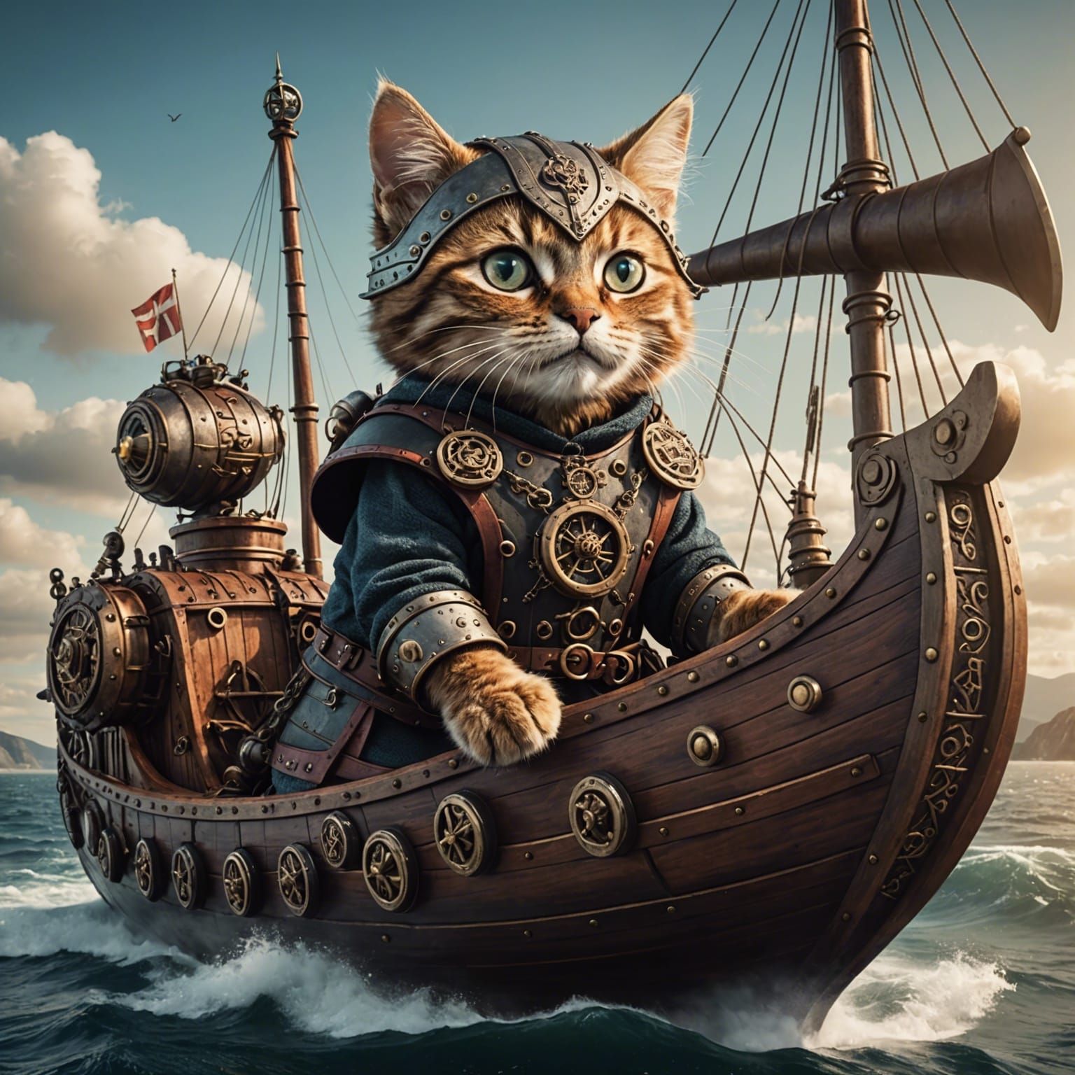 Steampunk Viking Ship with Cat Viking