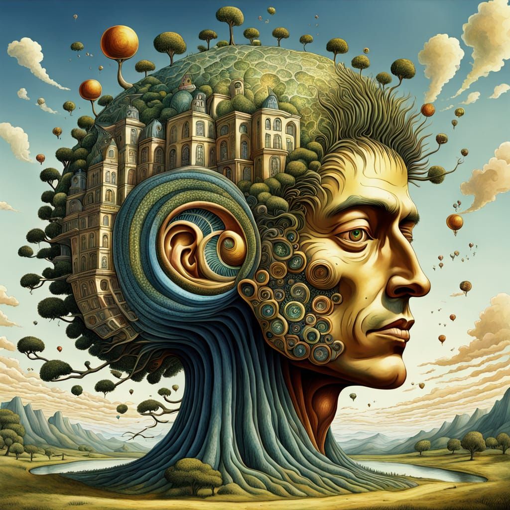 Surreal Headscape with Fibonacci Landscape in Double Exposur...