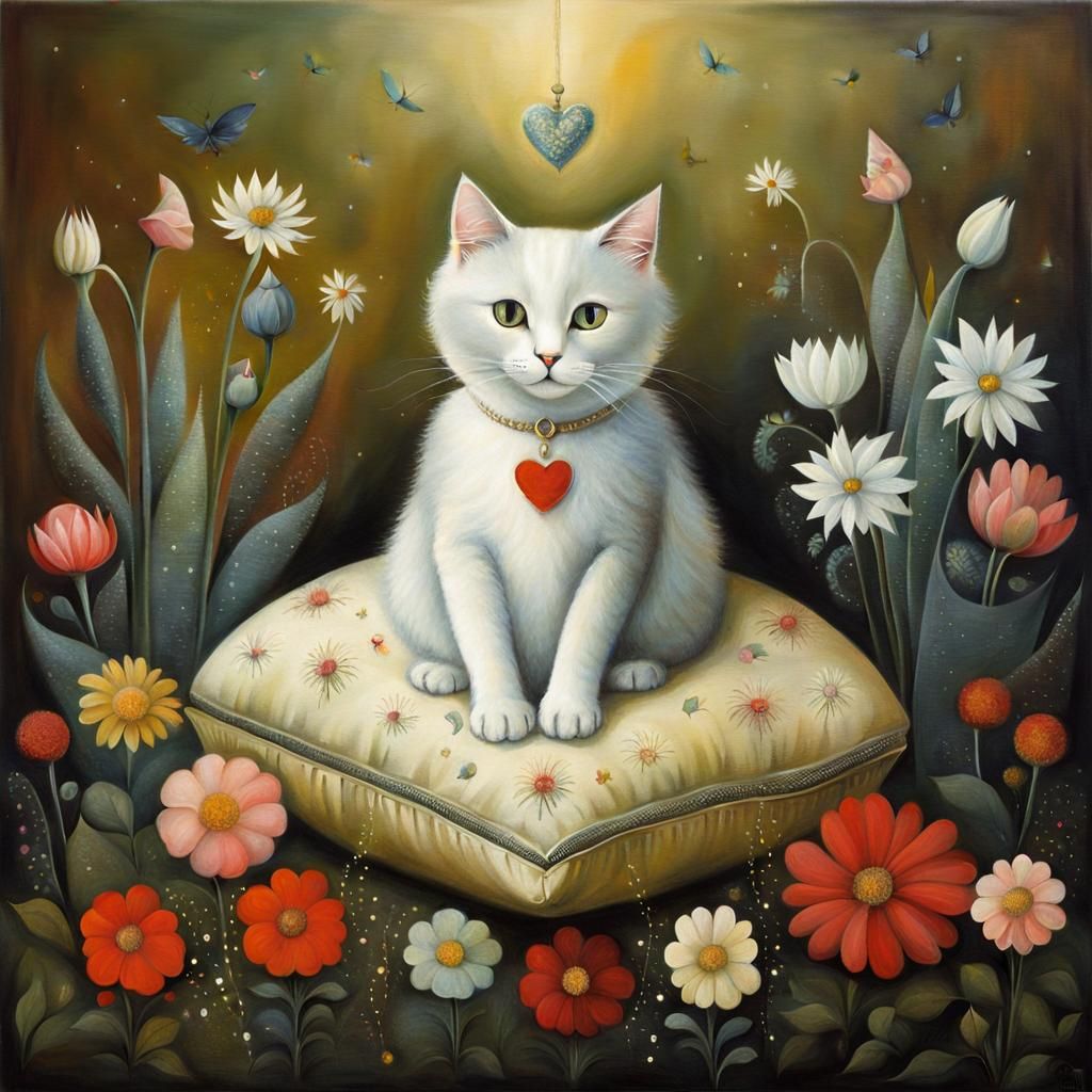 Cat with Flowers in Surrealist Style