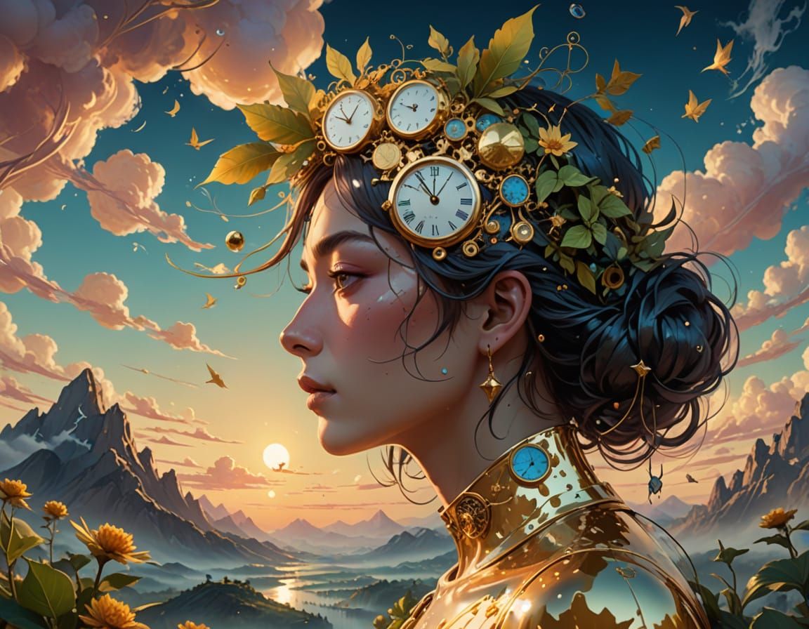 Clock-Faced Figure on Floating Mountain: Surreal Illustratio...