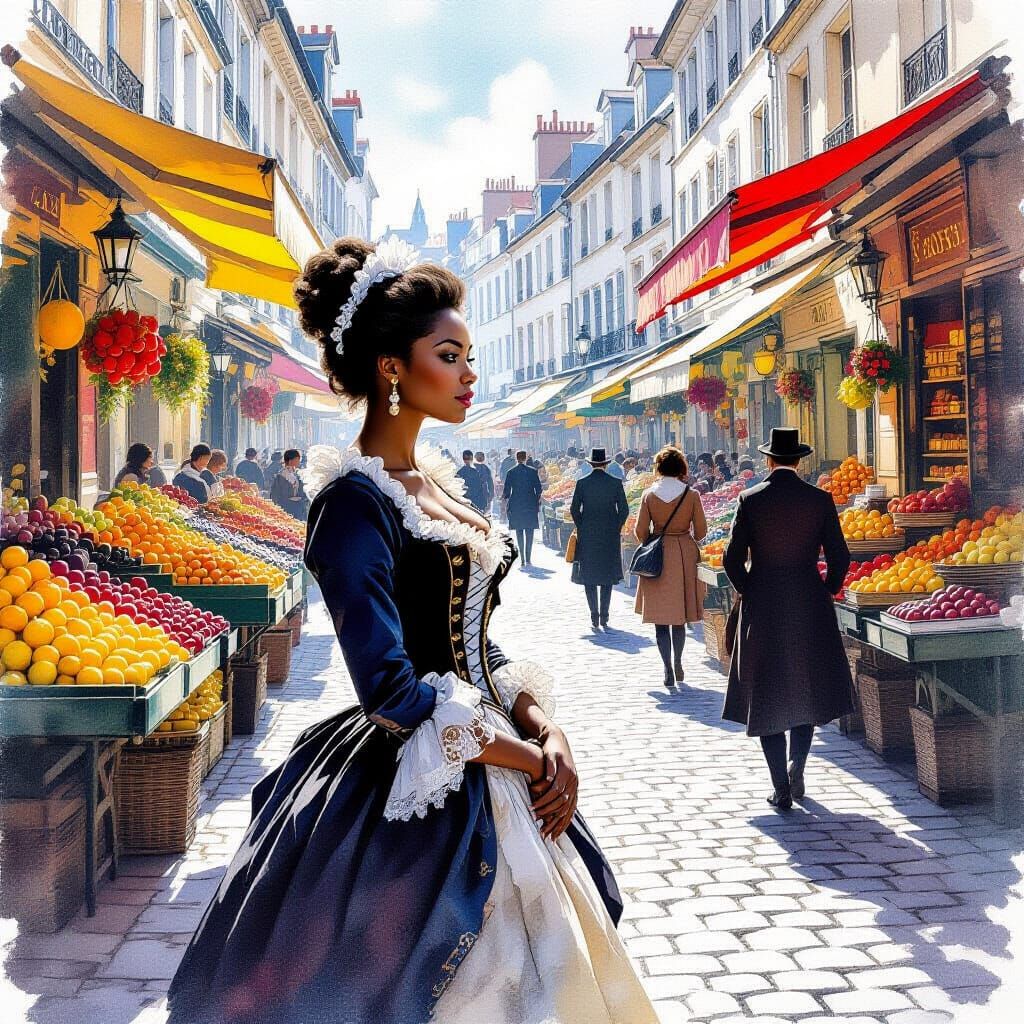 Regal Black Woman in 18th Century Parisian Market