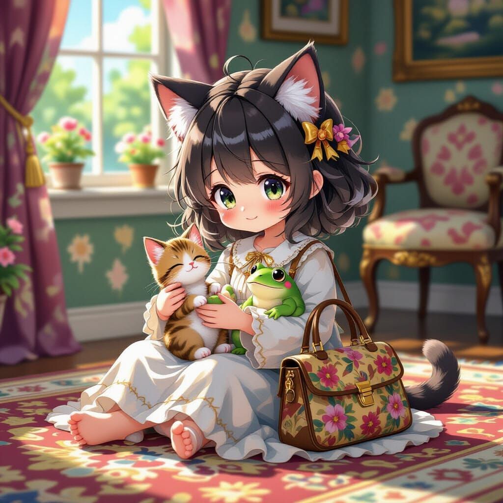 Anime Girl with Kitten and Frog on Carpet, Gouache and Water...