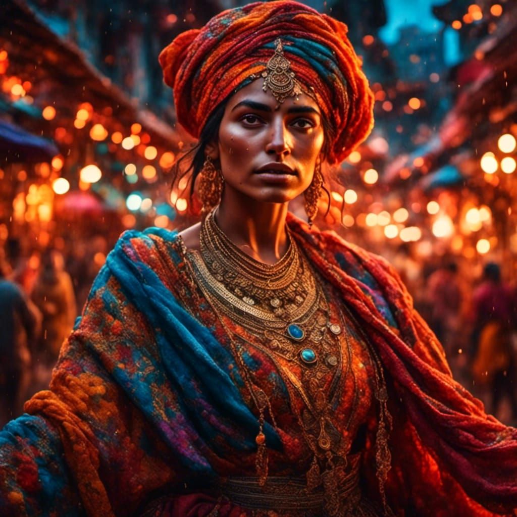 Moroccan Dancer in Sunset Colors, Oil Painting