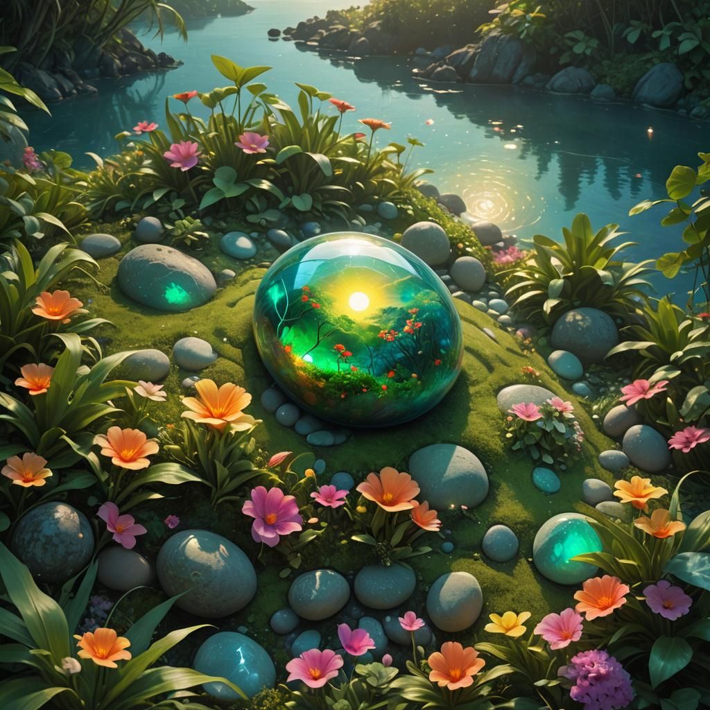 Mystical Glowing Pebble Over Tropical Island