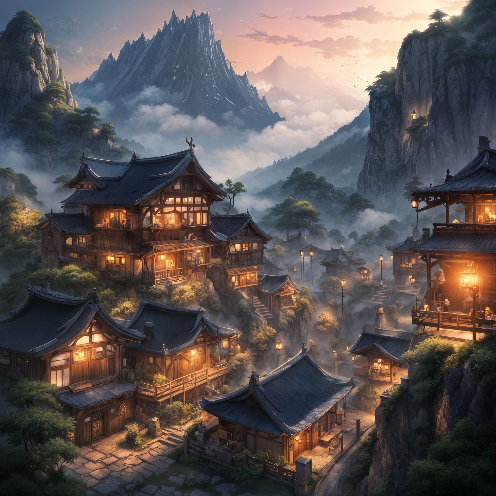 Mystical Mountain Village in Anime Style