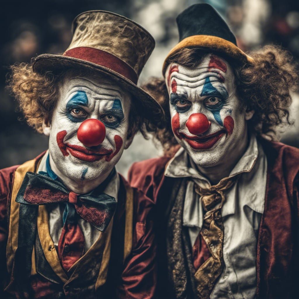 Hyperrealistic Clowns Stare Intensely: Sharp Focus