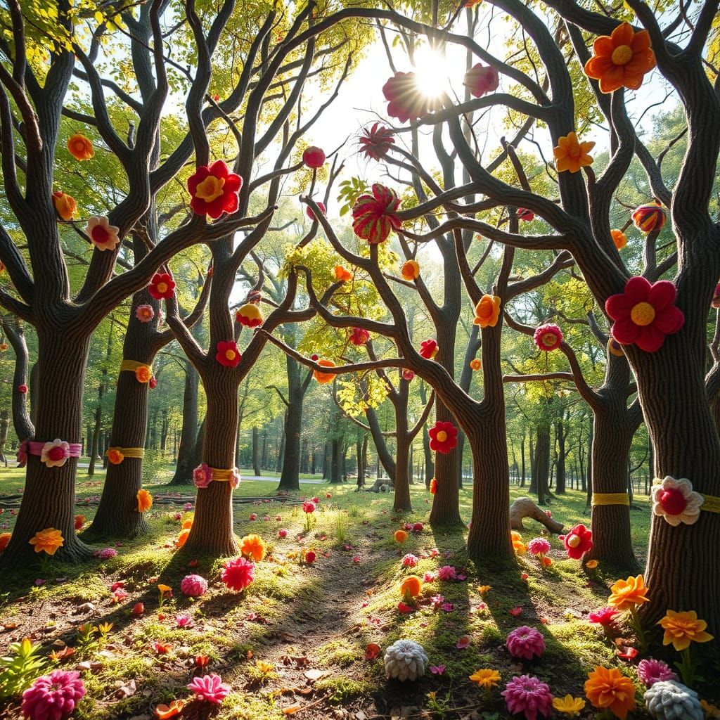 Knitted Yarn Trees in Sunny Forest Glade