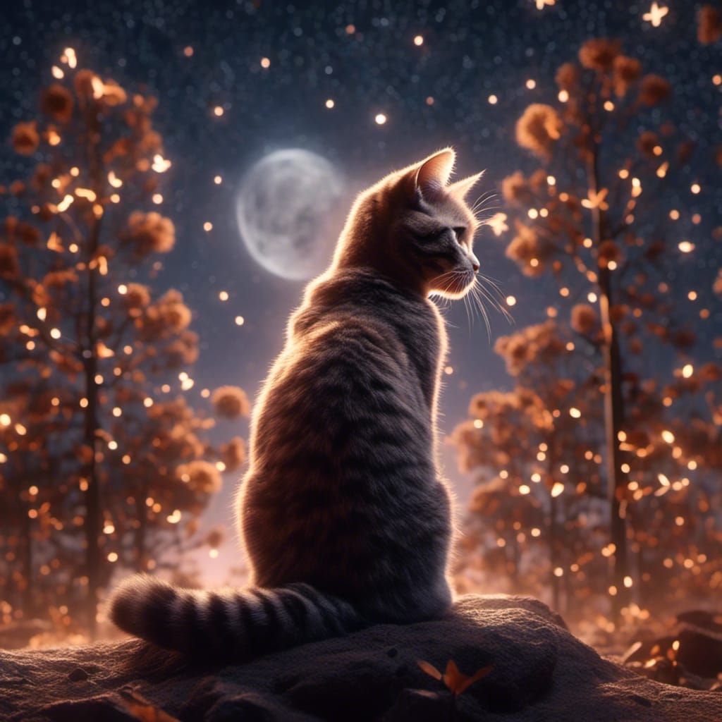 Hyperrealistic Cat Under the Stars