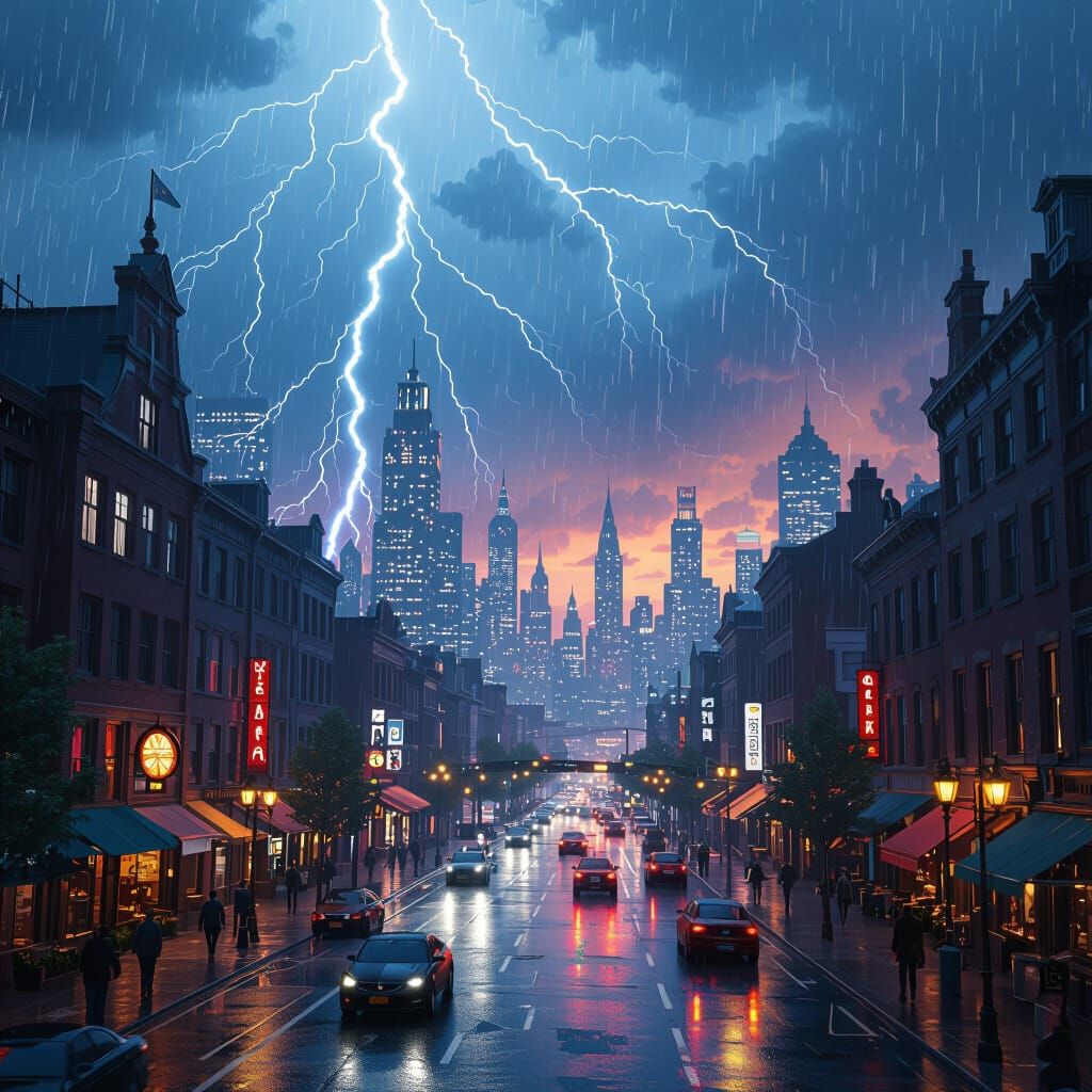 Rainy Cityscape with Thunderstorm in Fantasy Concept Art Sty...