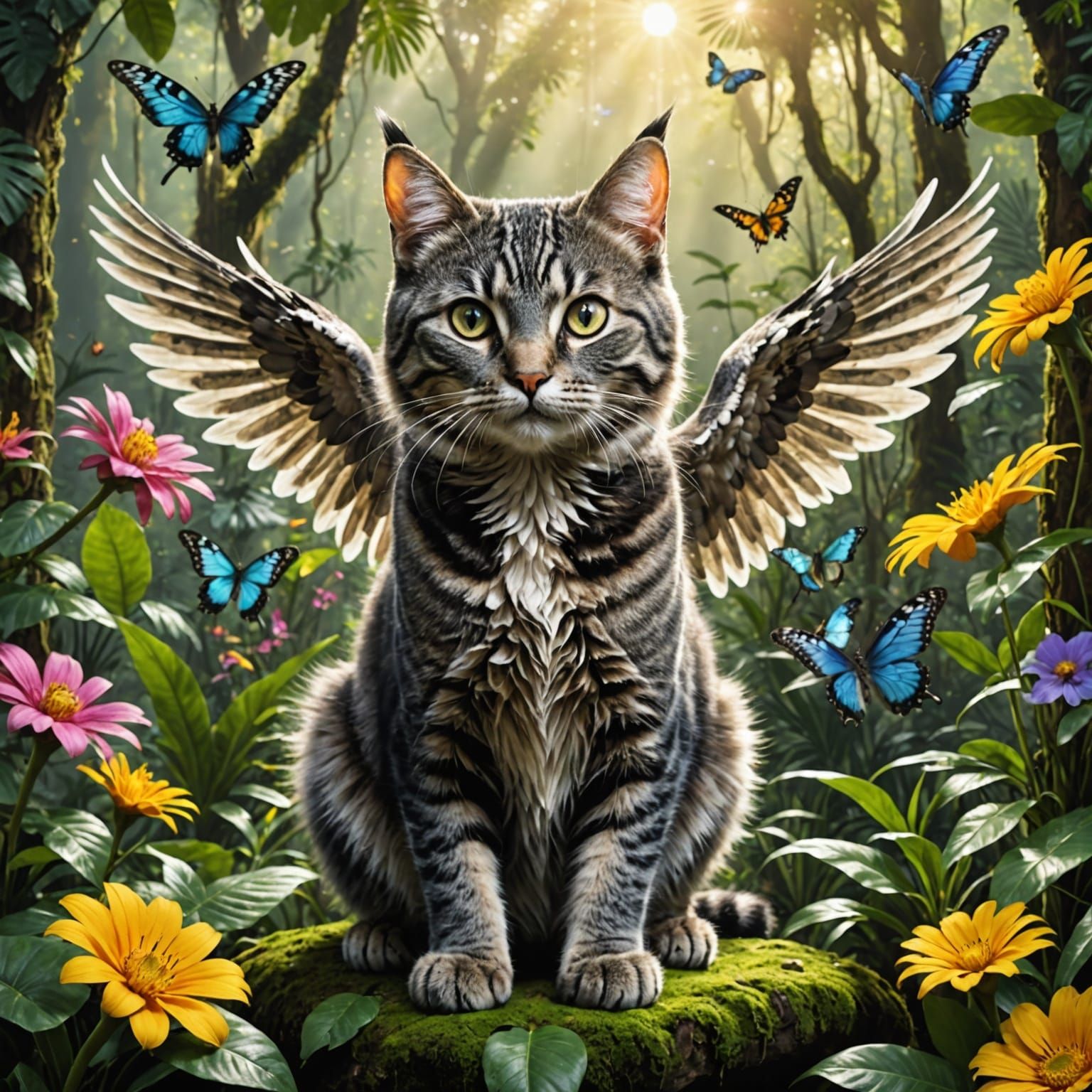 Winged Tabby Cat Flies Over Rainforest