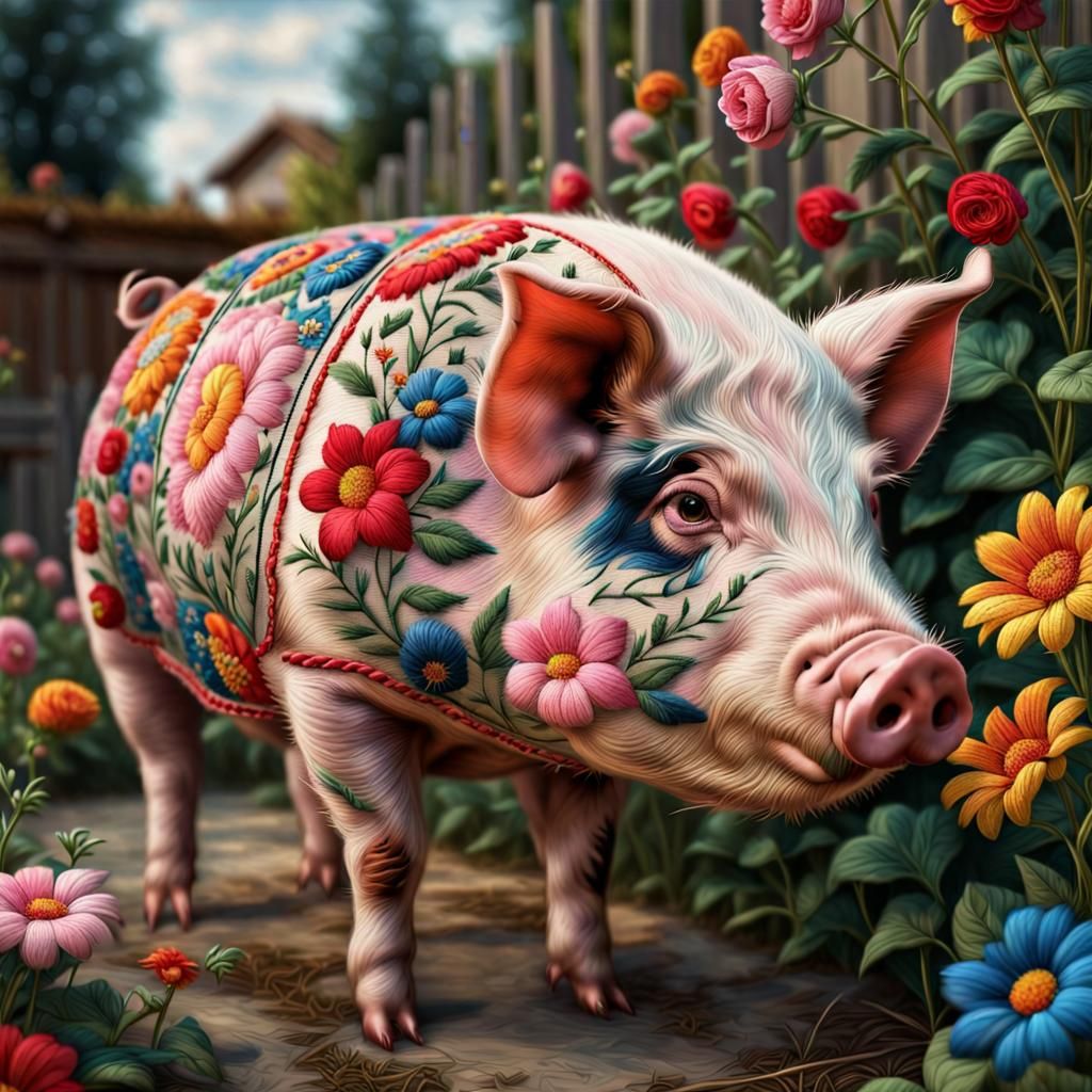 Embroidered Pig in Floral Garden by Efremov