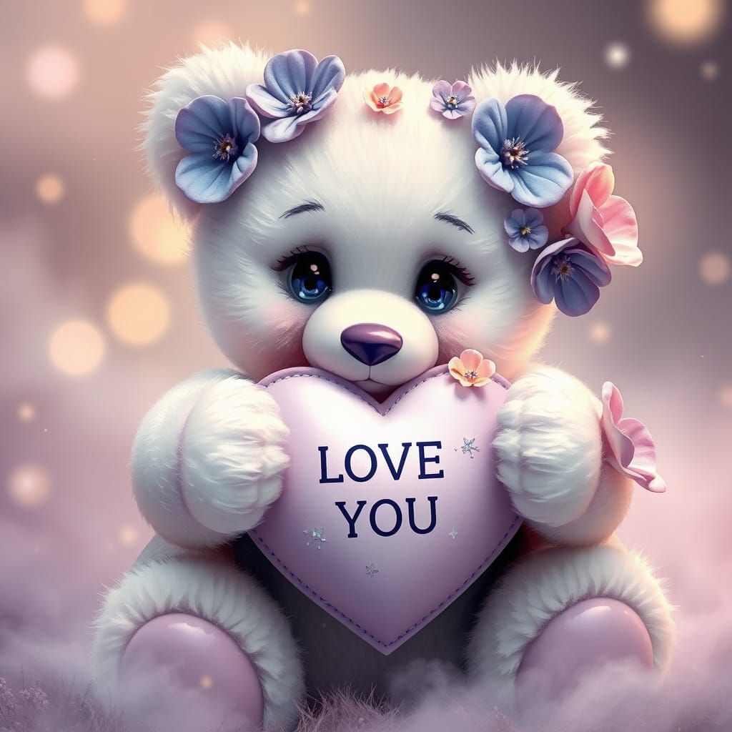 A 3D render of a whimsical watercolor illustration. A delightful whiteish purple teddy bear is the center of attention. ...