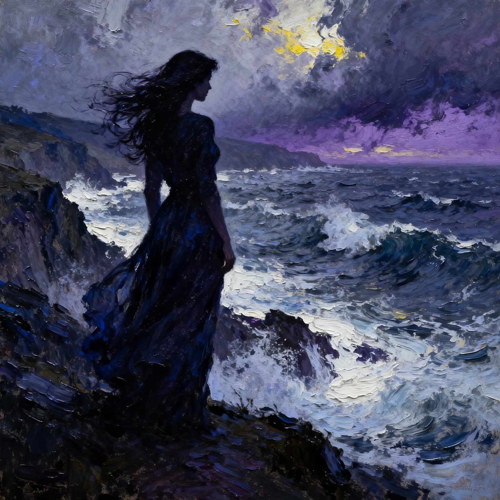 Woman on Cliff Overlooking Stormy Sea, Oil Painting Style