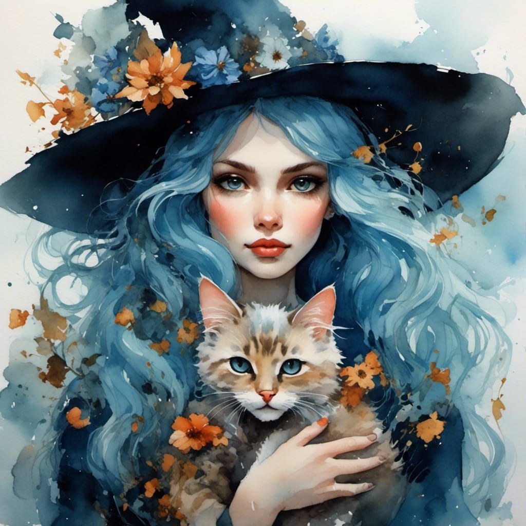 Cute Witch with Kitten in Watercolour Painting