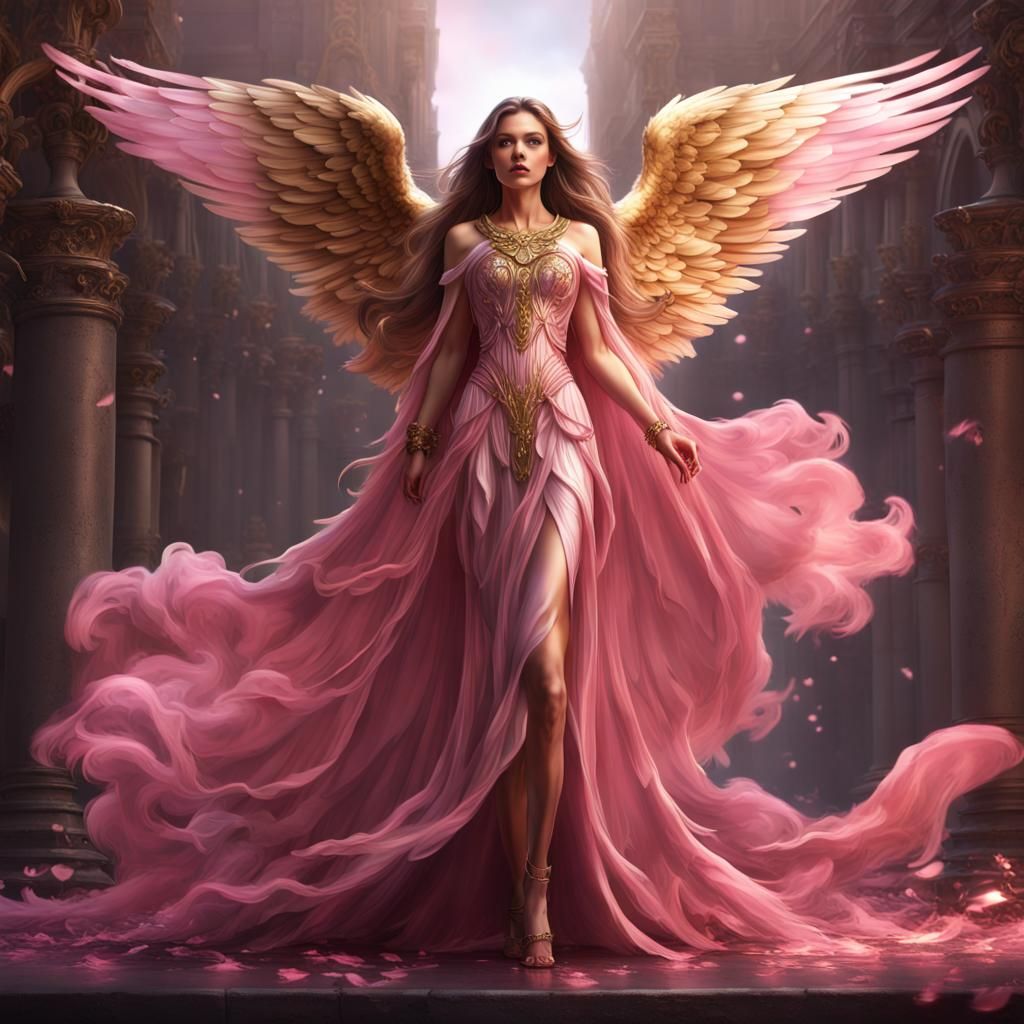 Fantasy Angel Woman in Pink Dress, Detailed Art