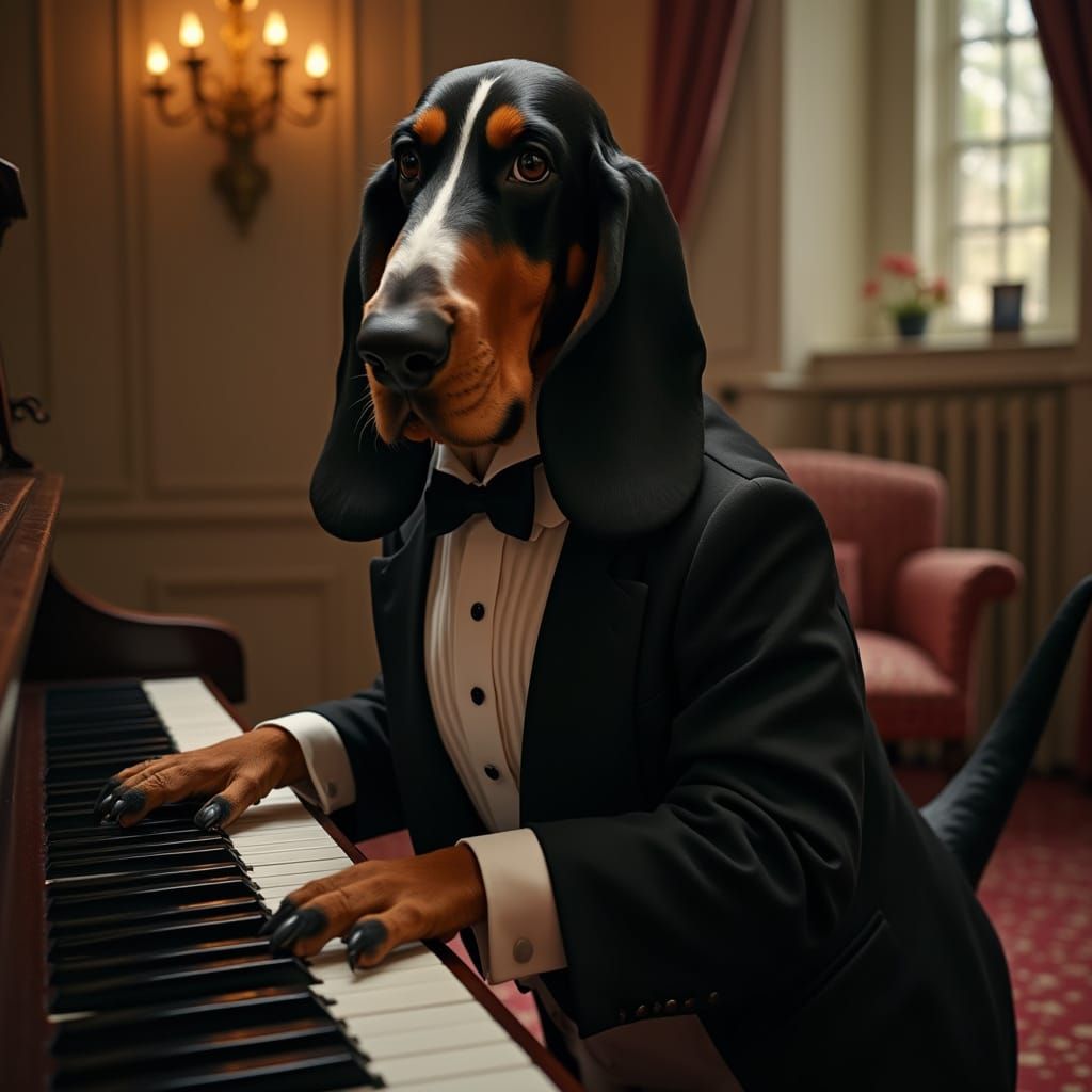 Basset Hound Plays Piano in Regal Tuxedo