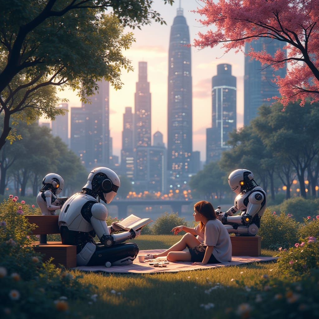 Futuristic Harmony: Humans and Robots Unite in Serene City P...