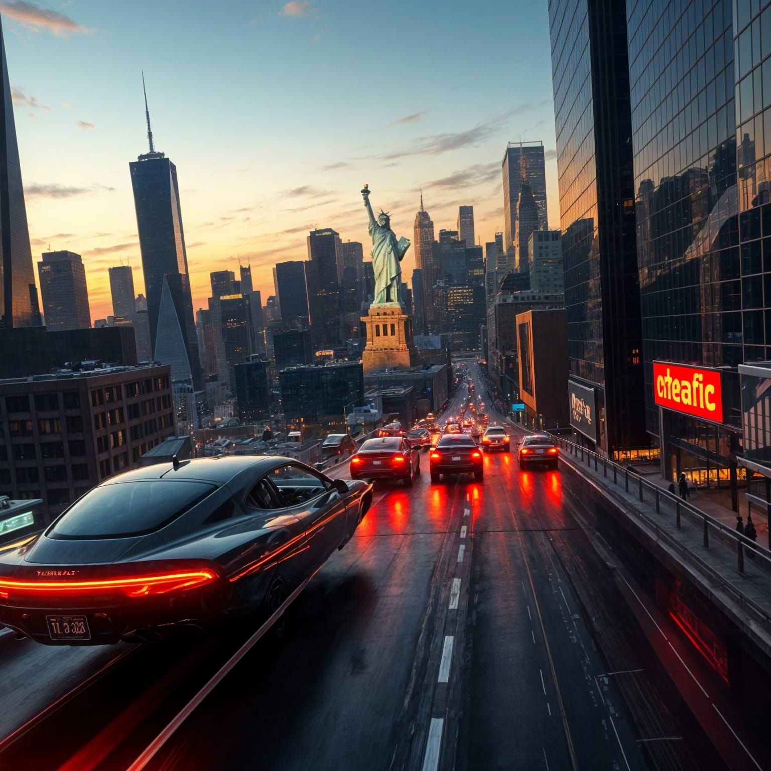 Surreal Futuristic Aerial View of NYC with Flying Cars and S...