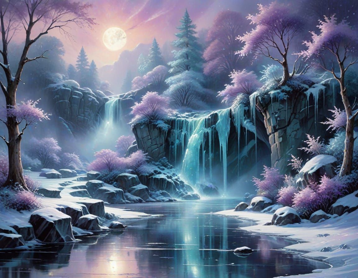 Frozen Waterfall Under Pale Moonlight in Watercolour