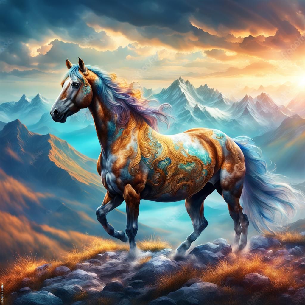 Fantasy Horse in Detailed Mountain Landscape