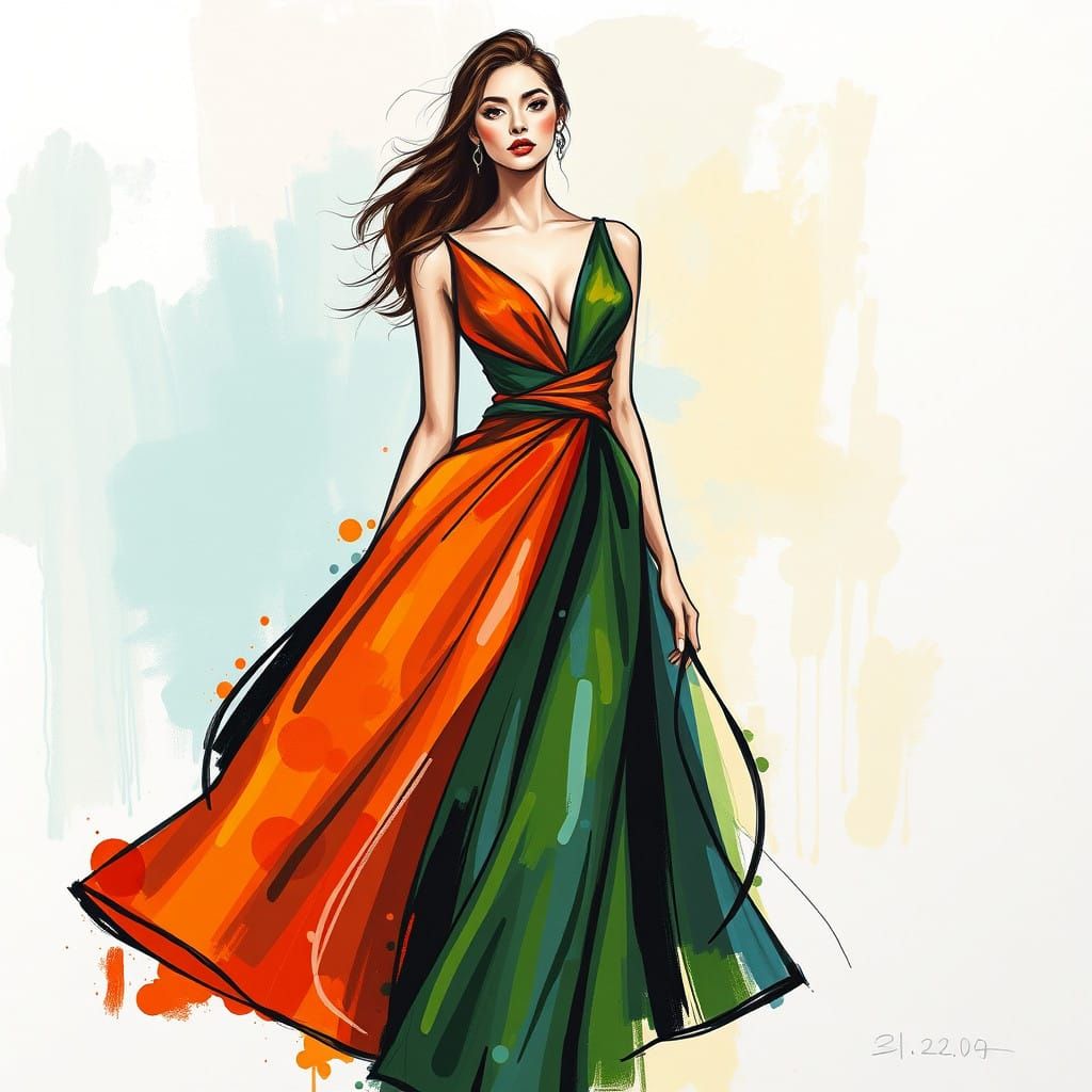 Oil painting on canva in fashion sketch style.. Design woman...