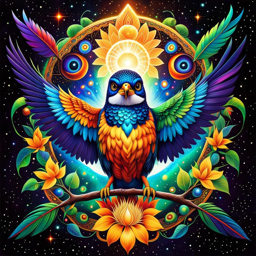 Vibrant Aboriginal Bird Art Holographic Illustration