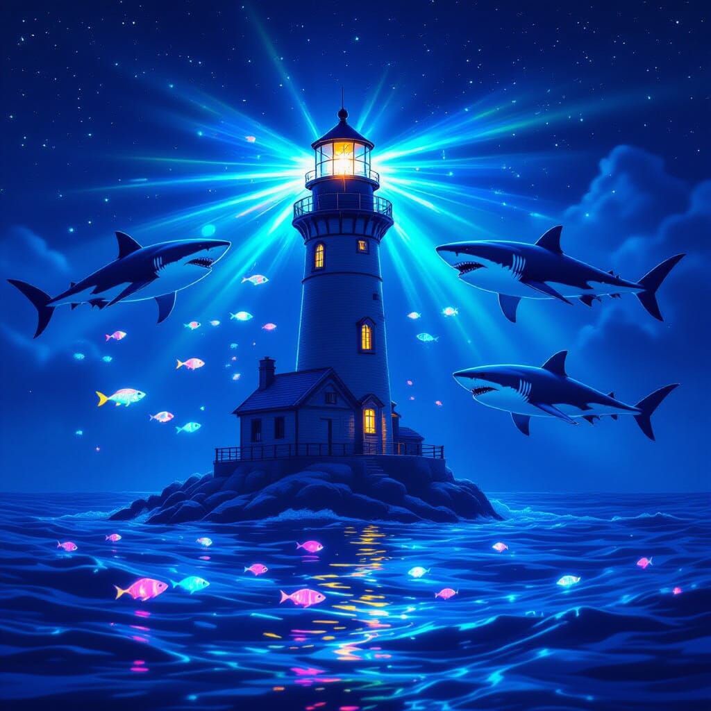 Bioluminescent Underwater Lighthouse with Sharks