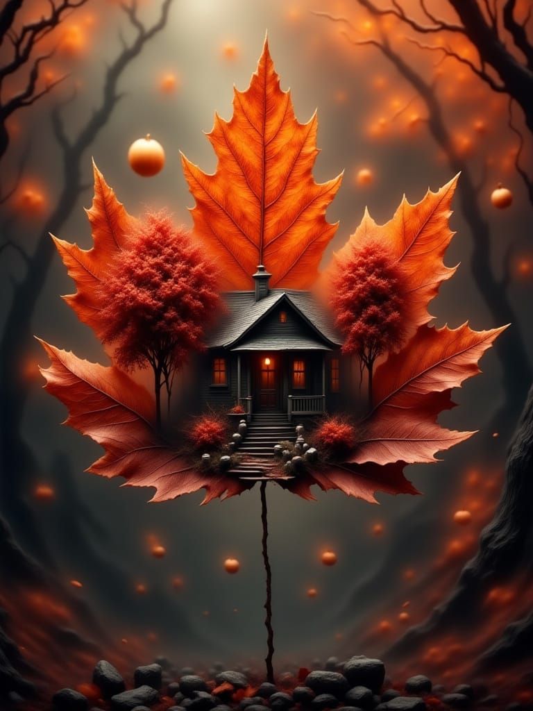 Autumn Leaf Frames Miniature Cabin Landscape