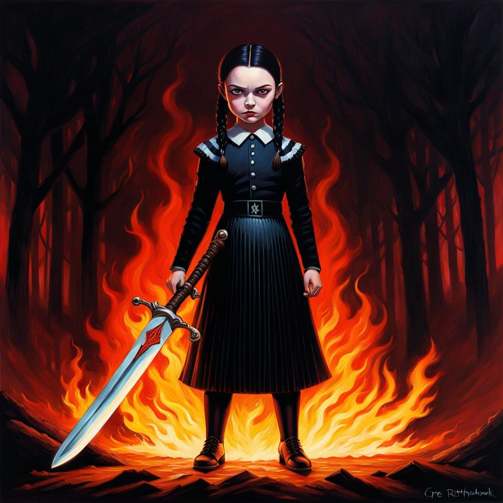 Wednesday Addams with Flaming Sword: Sinister Art