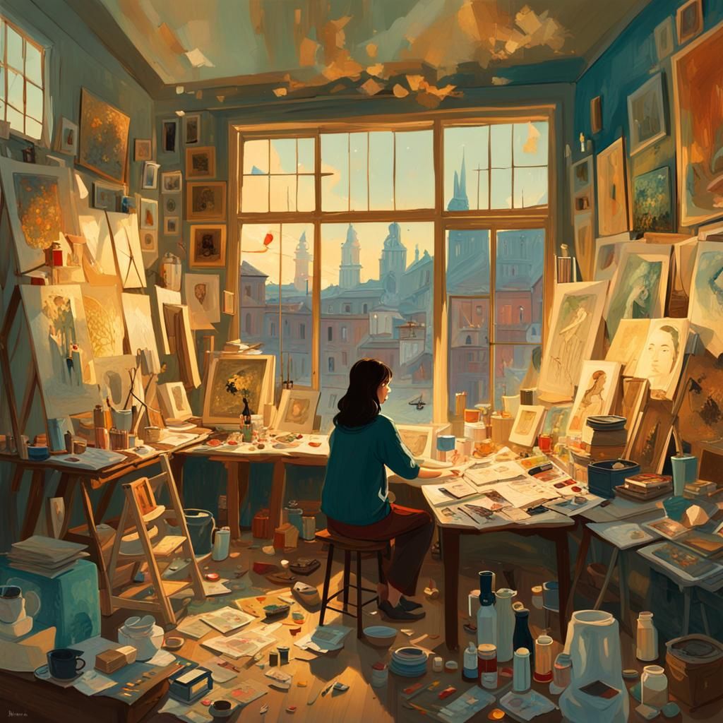 Contemplative Artist in Surrealist Oil Painting