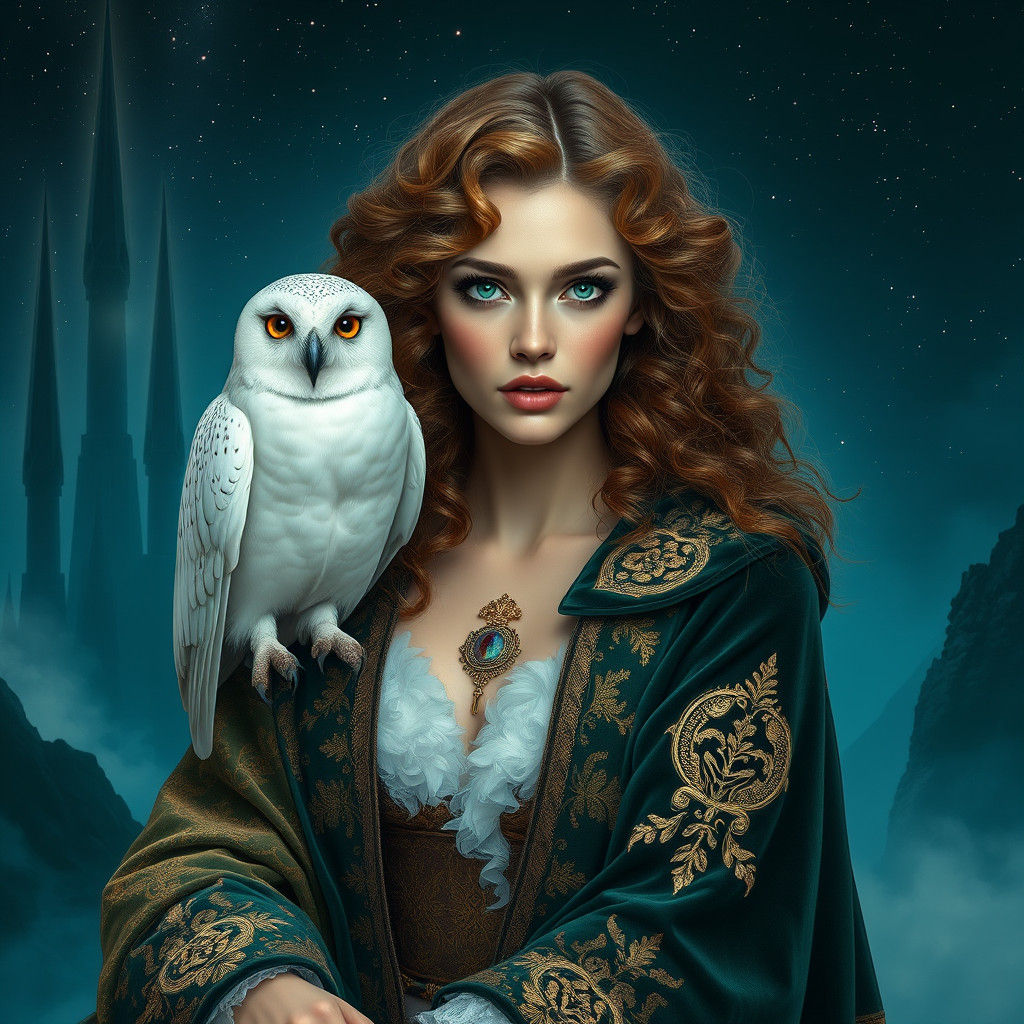 Woman with Owl in High-Fantasy Digital Art Style