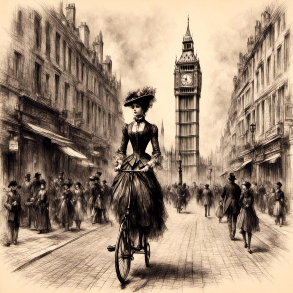 Victorian Lady Messenger in London, Pencil Crayon Art