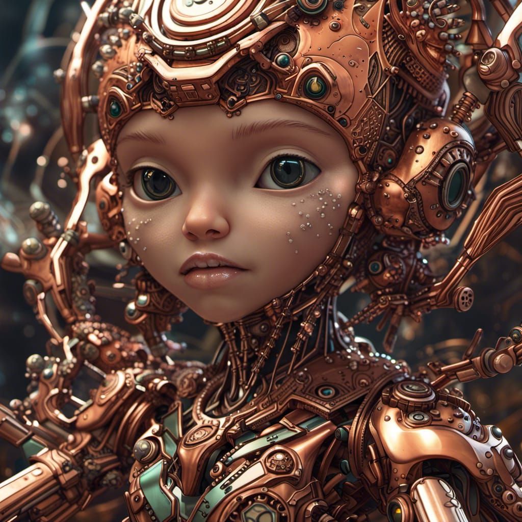 Copper Alien Cyborg with Fractal Flowers