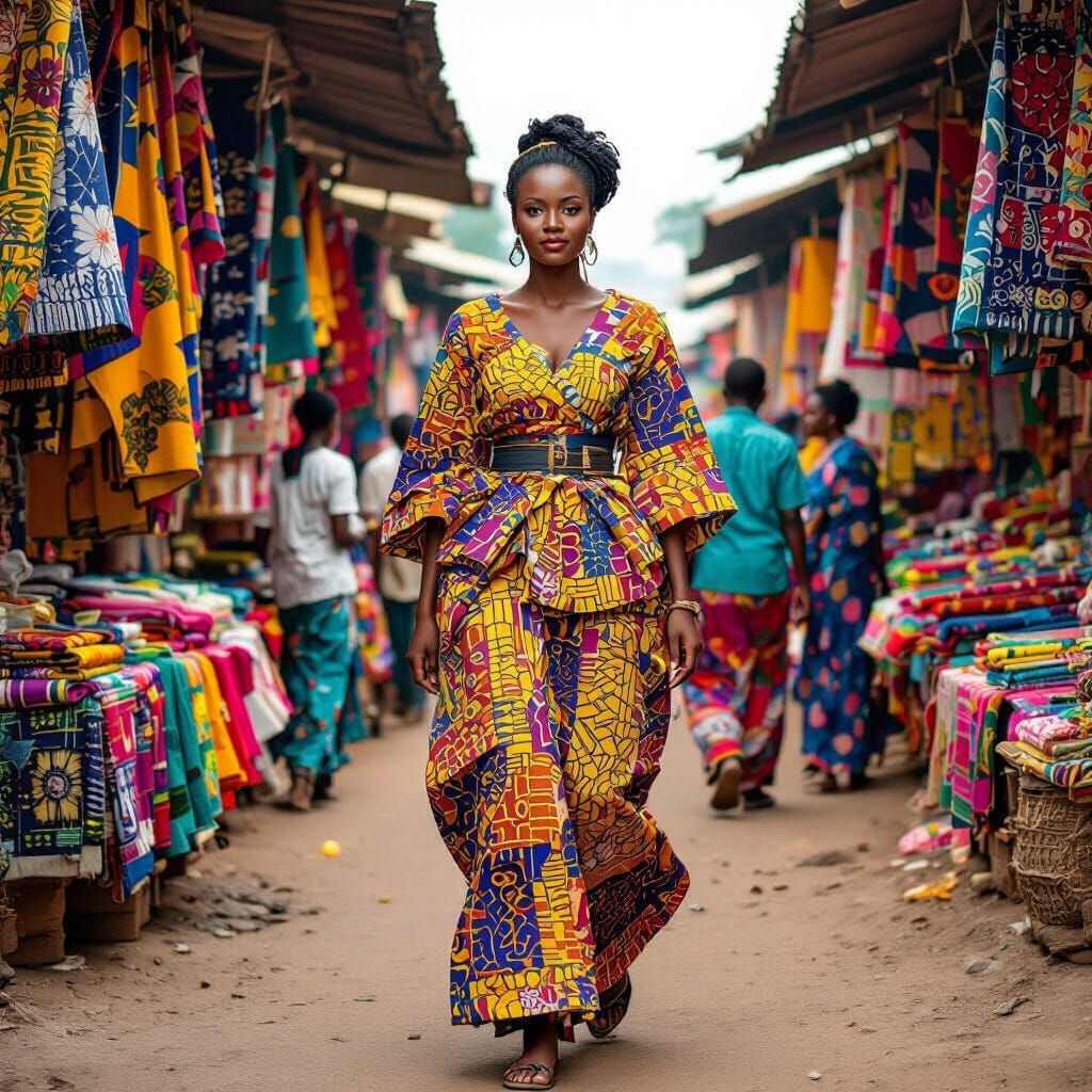 Ghanaian Woman in Kumasi Market, Vibrant Art Style