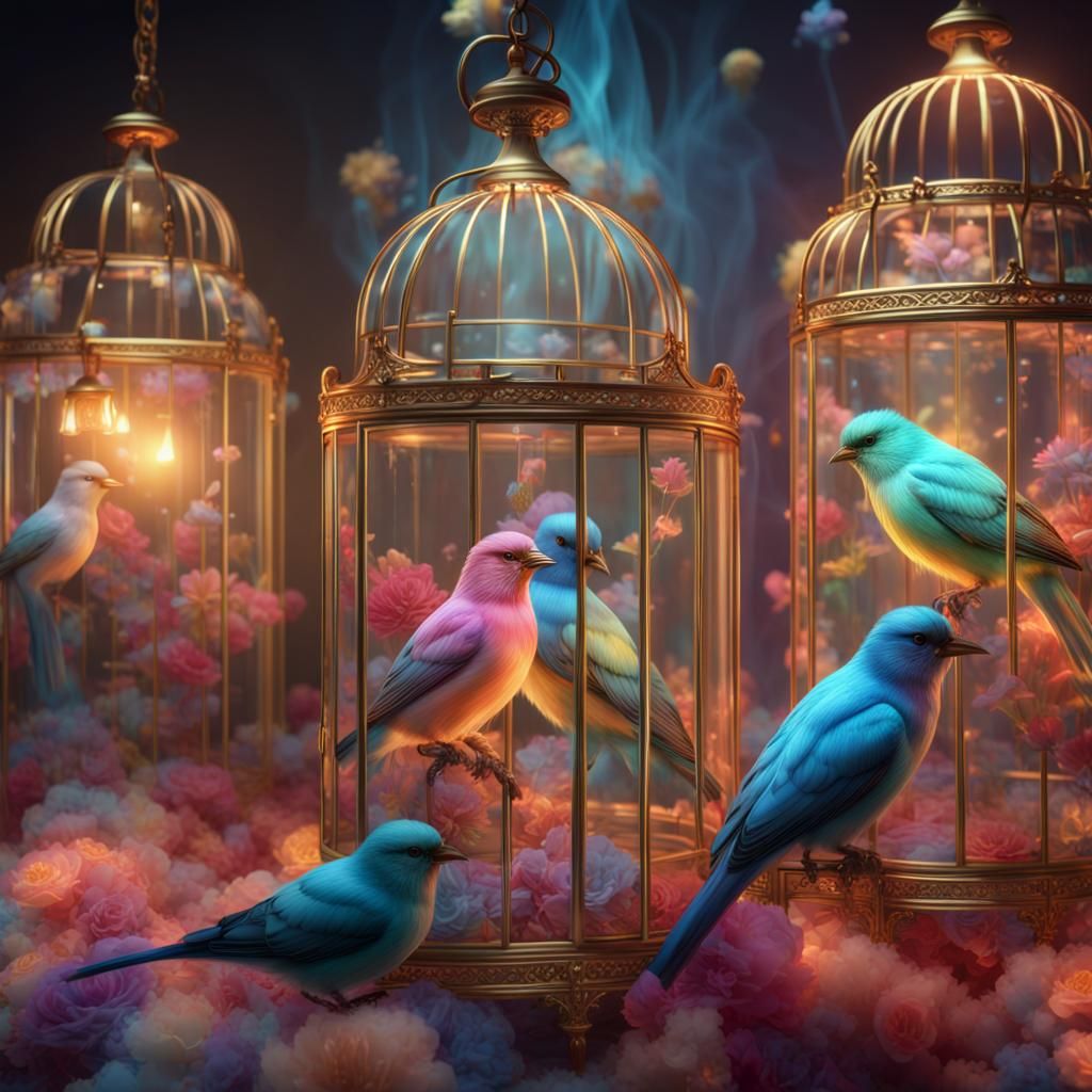 Bioluminescent Crystal Birds in Glass Cages