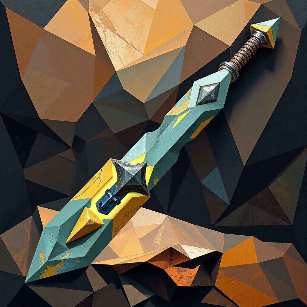 Ancient Earth Magic Sword in Geometric Cubist Style