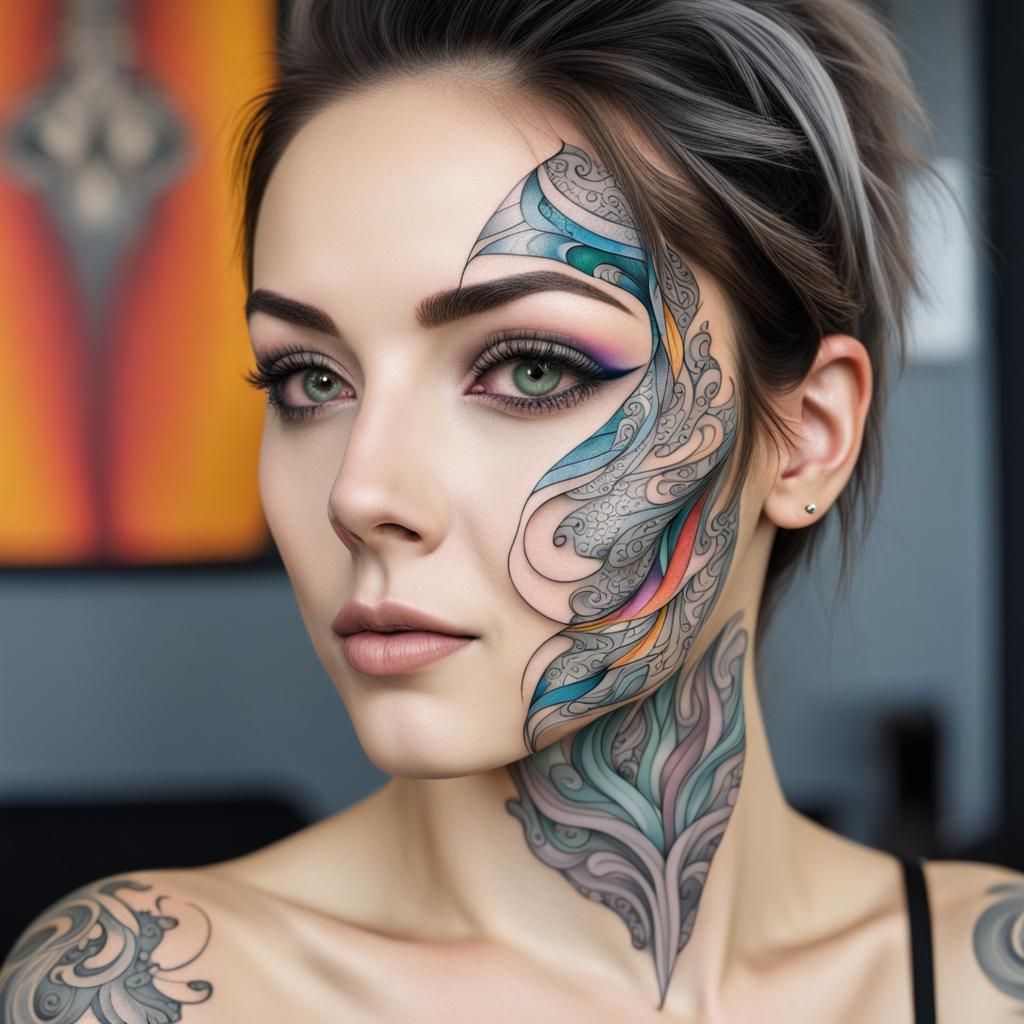 Woman's Face with Fine Line Tattoo