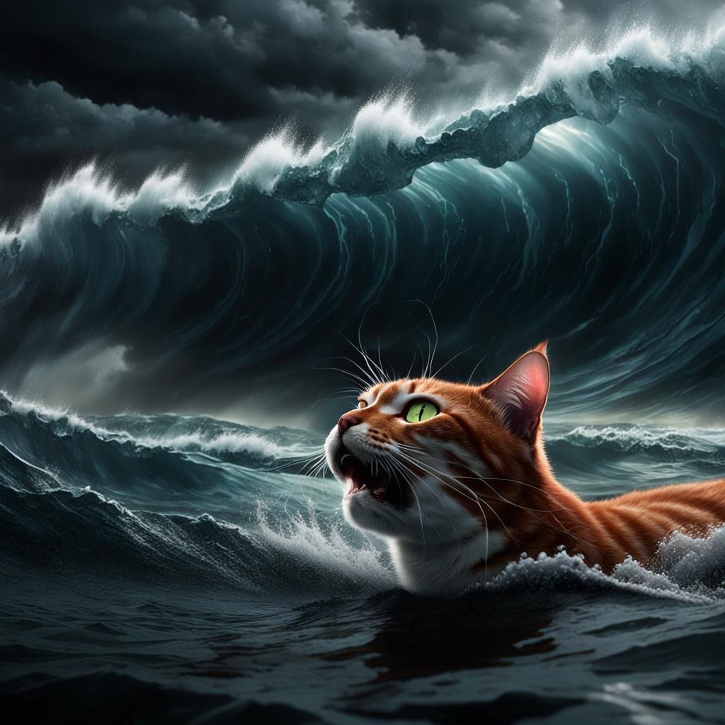 Frightened Red-Haired Cat Confronts Towering Tsunami Wave
