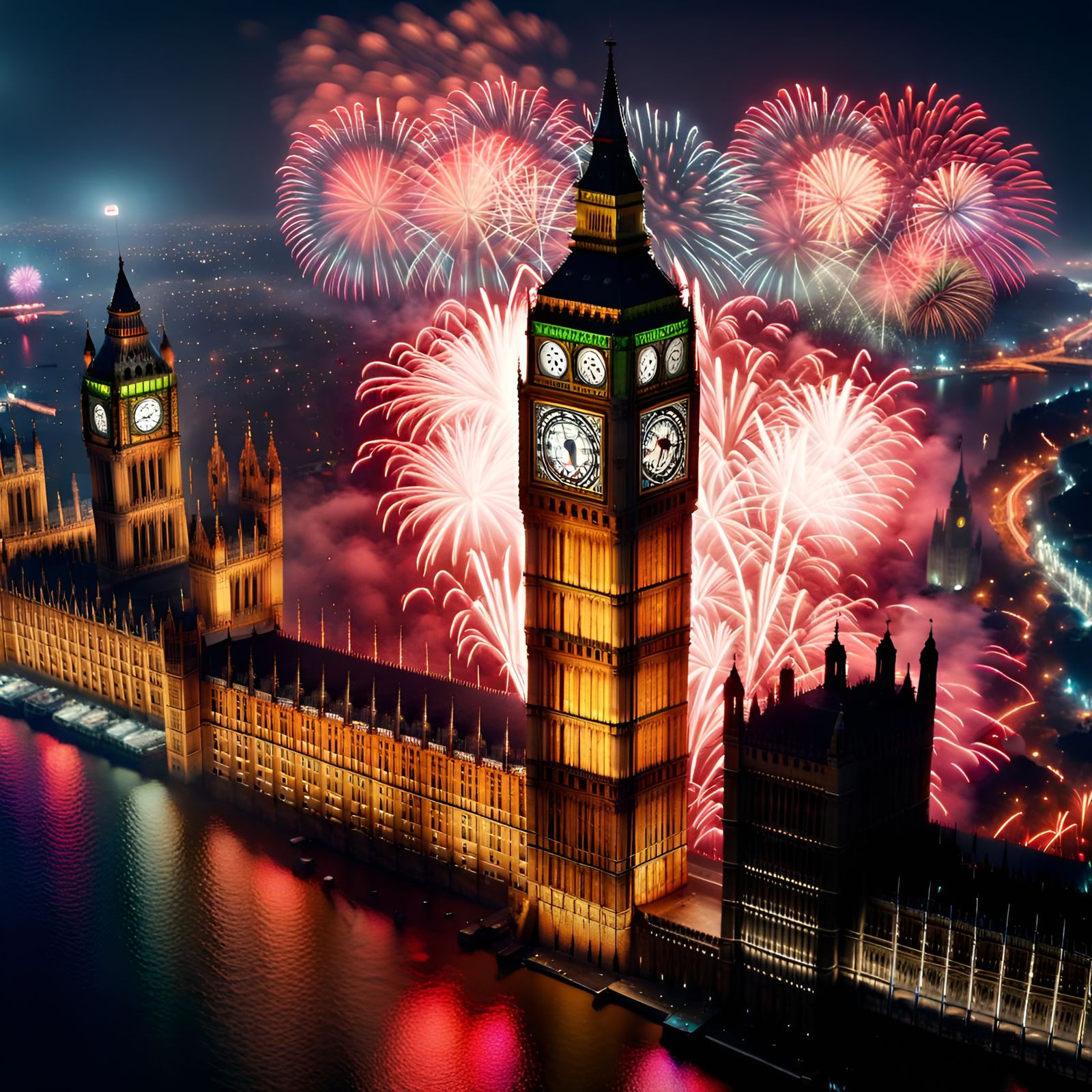 Big Ben Midnight Fireworks: Hyper-Detailed Digital Painting
