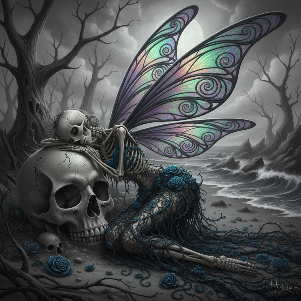 Skeletal Fairy in Art Nouveau Style Sleeping by Skull