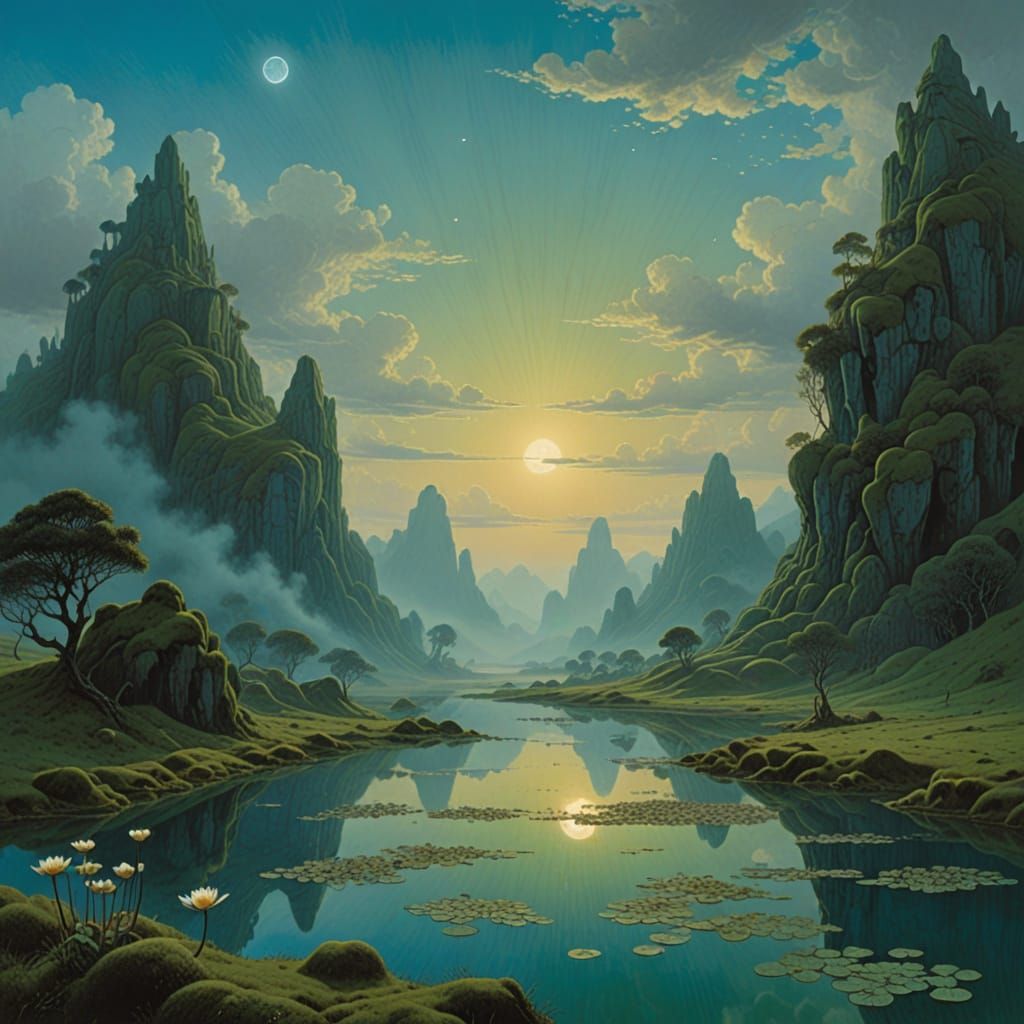 Dreamy Emerald Landscape with Serene Lakes and Whispy Trees