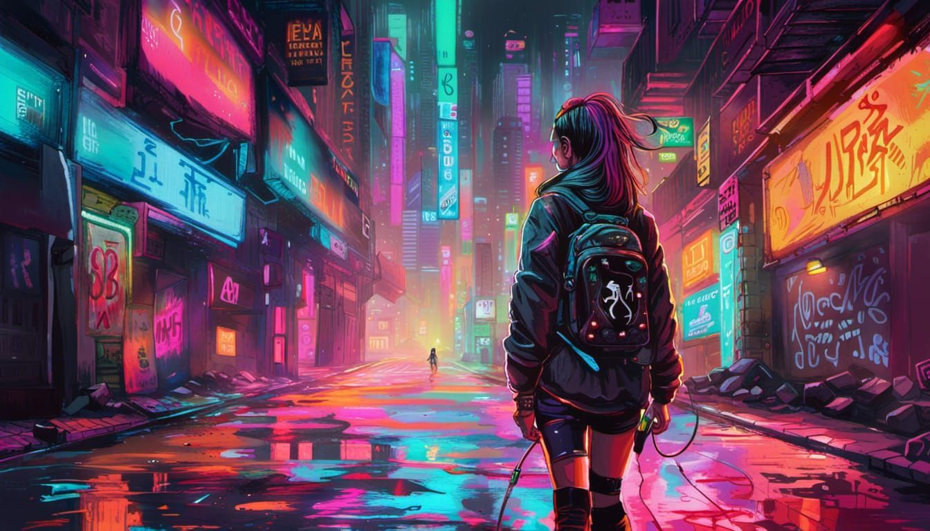 Cyberpunk Woman in Neon Street: Graffiti Art