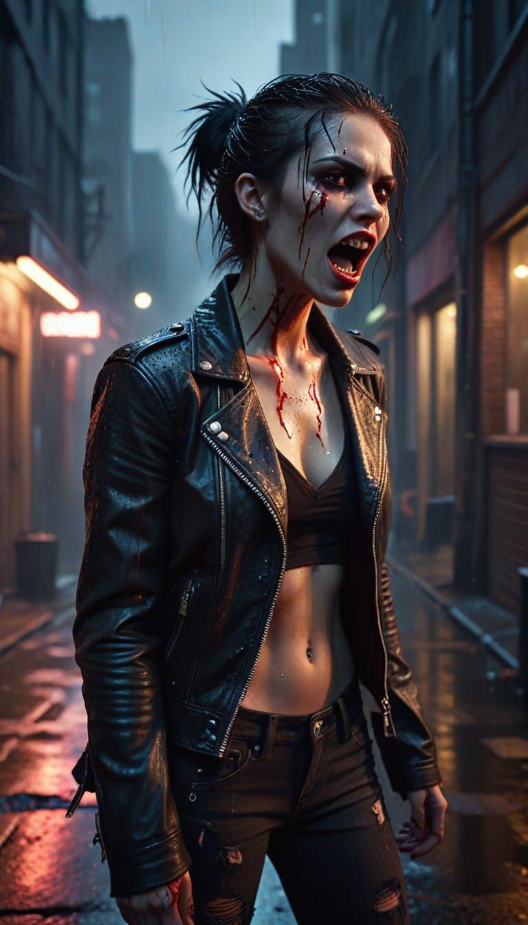 Brujah Vampire Snarling in Neon-Lit Alley