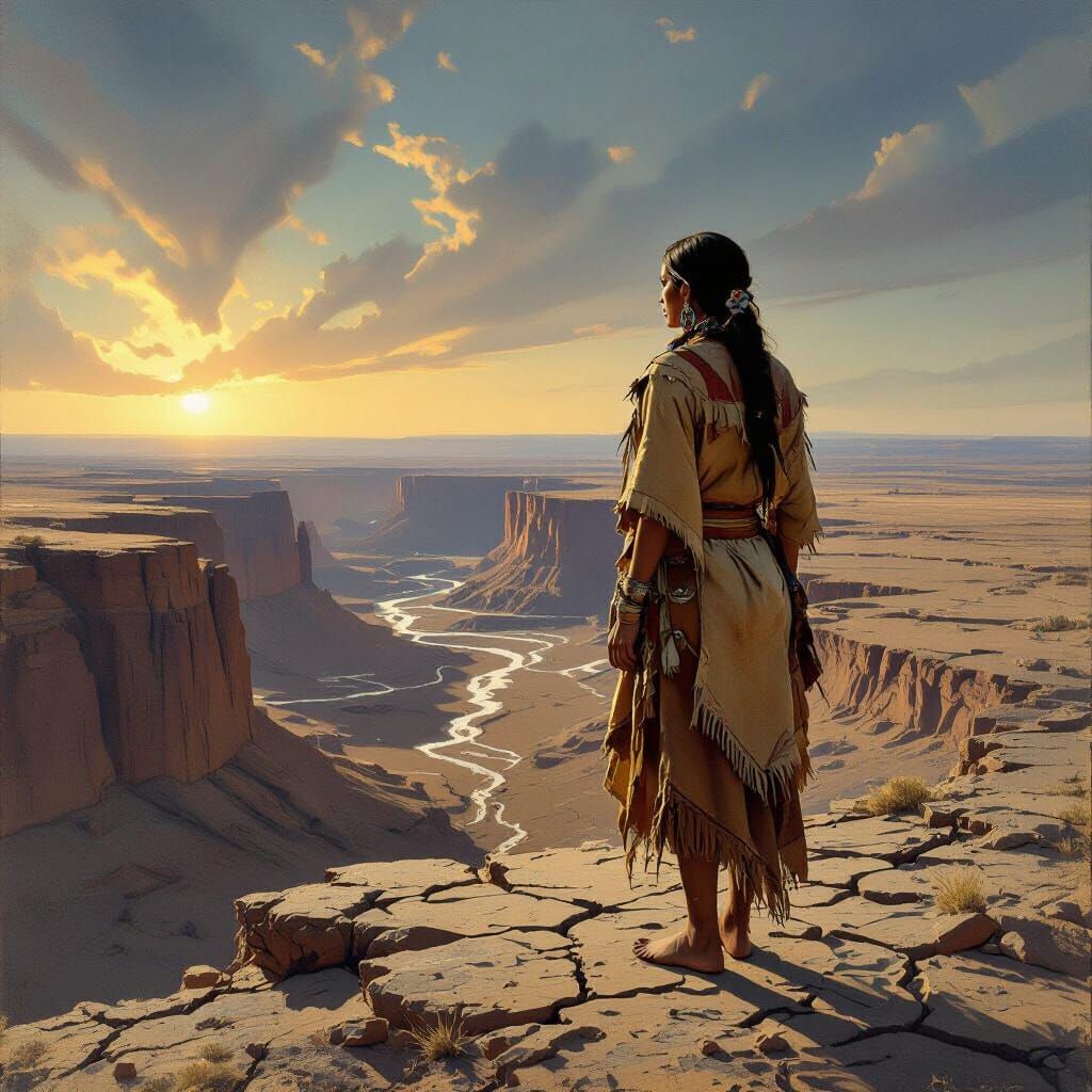 Native American Woman Overlooks Vast Precipice at Golden Hou...