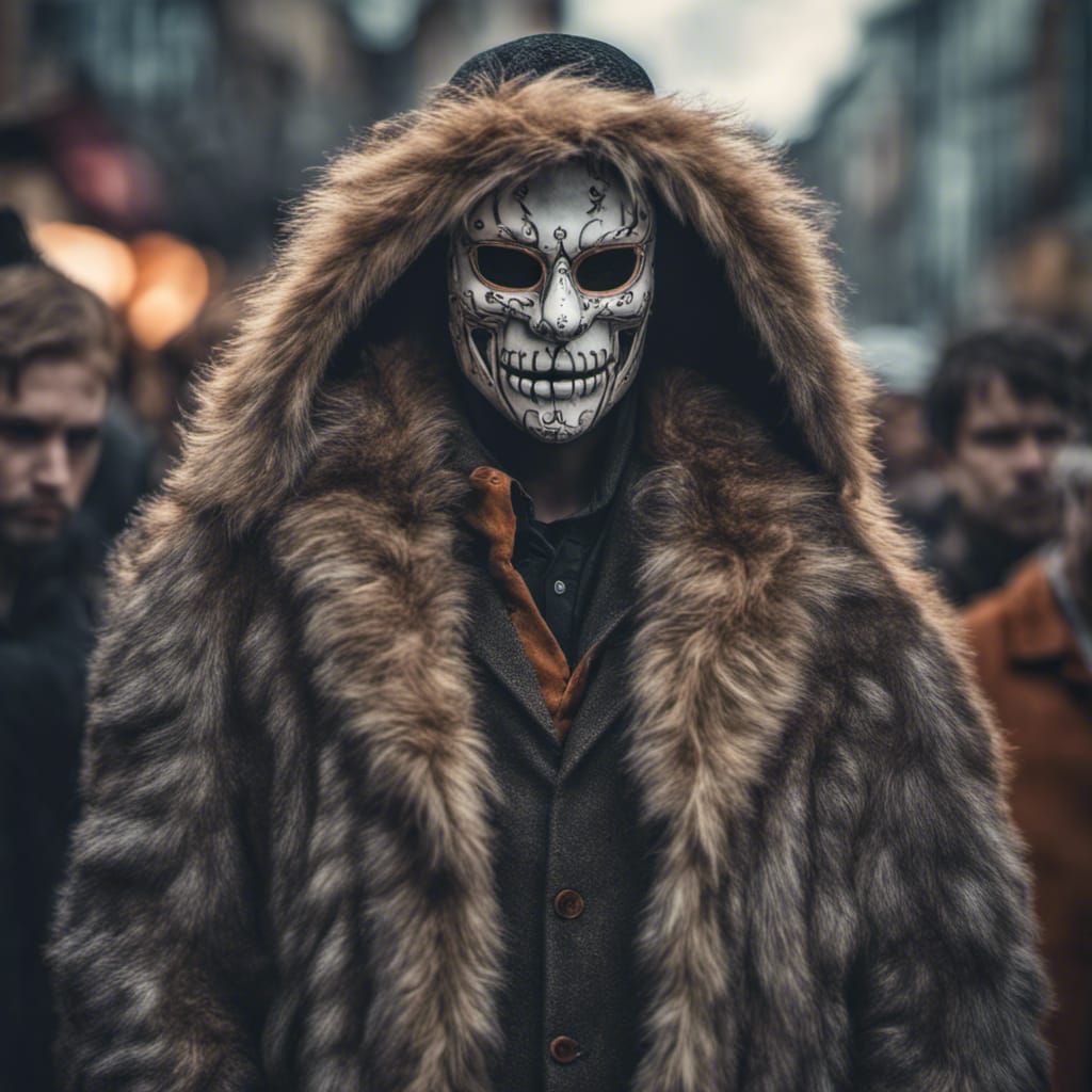 Man standing in a crowd with a Halloween mask on and a fur coat