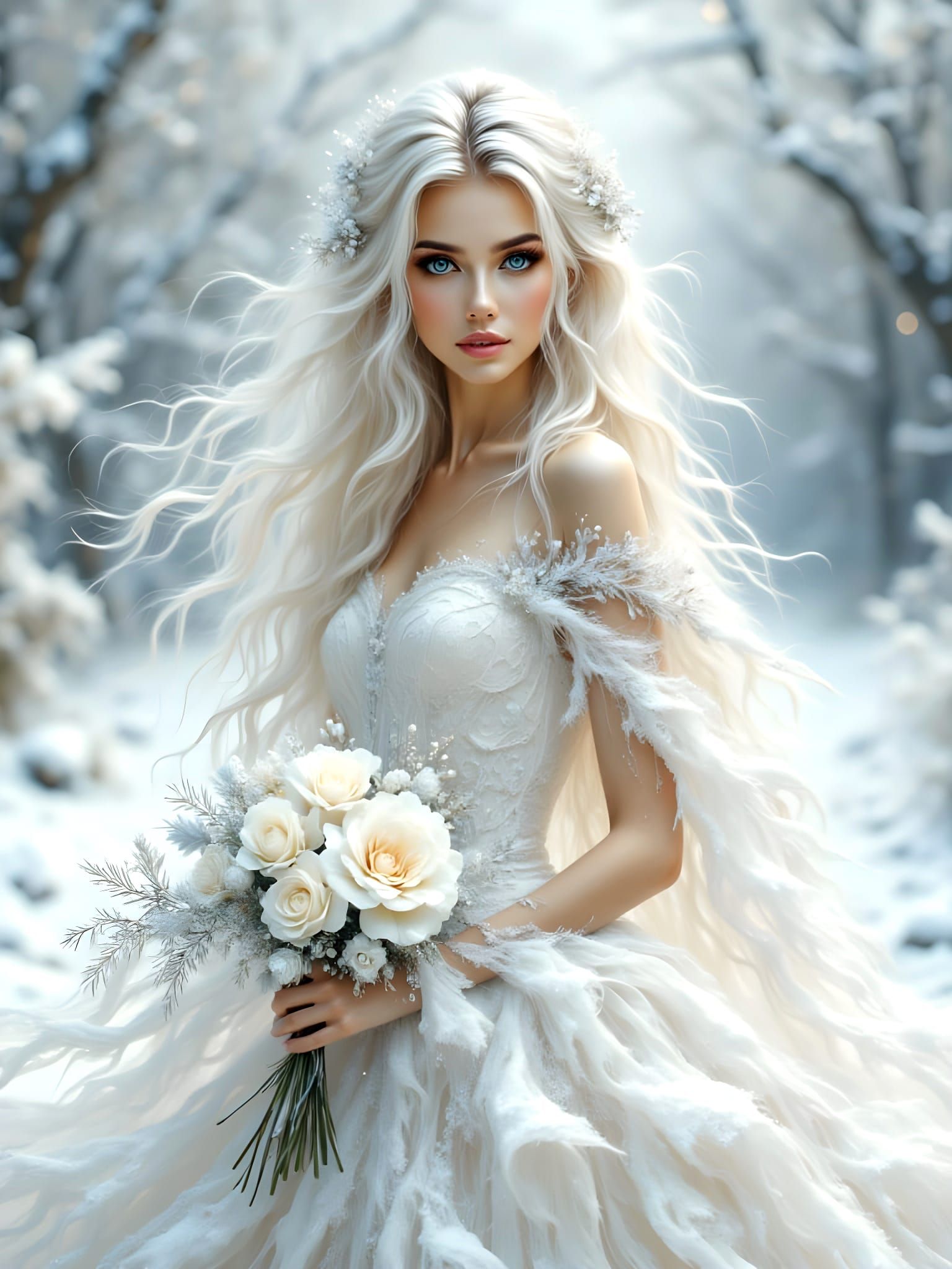 Glass Crystal Gown Woman in Frozen Landscape
