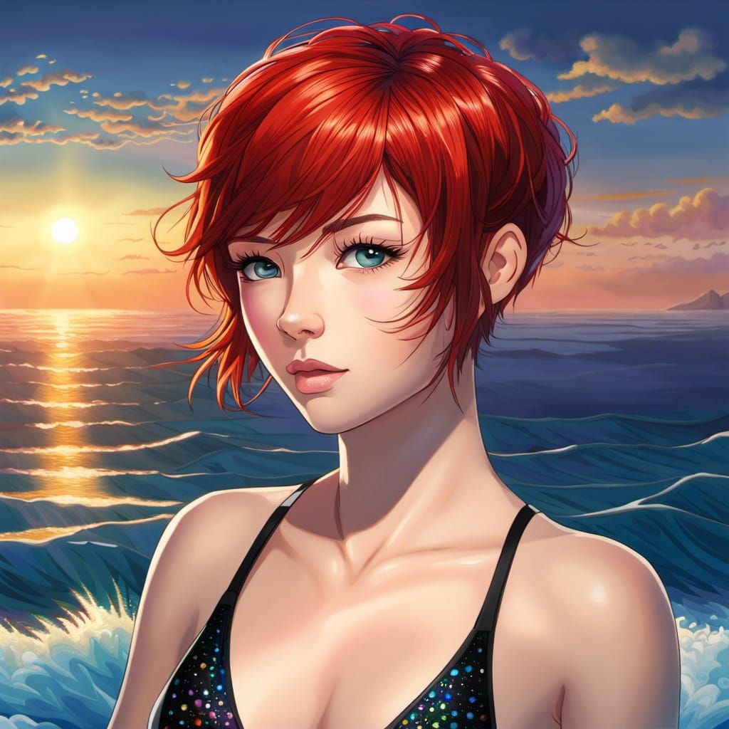 Red-Haired Girl with Rainbow Eyes in Anime Style